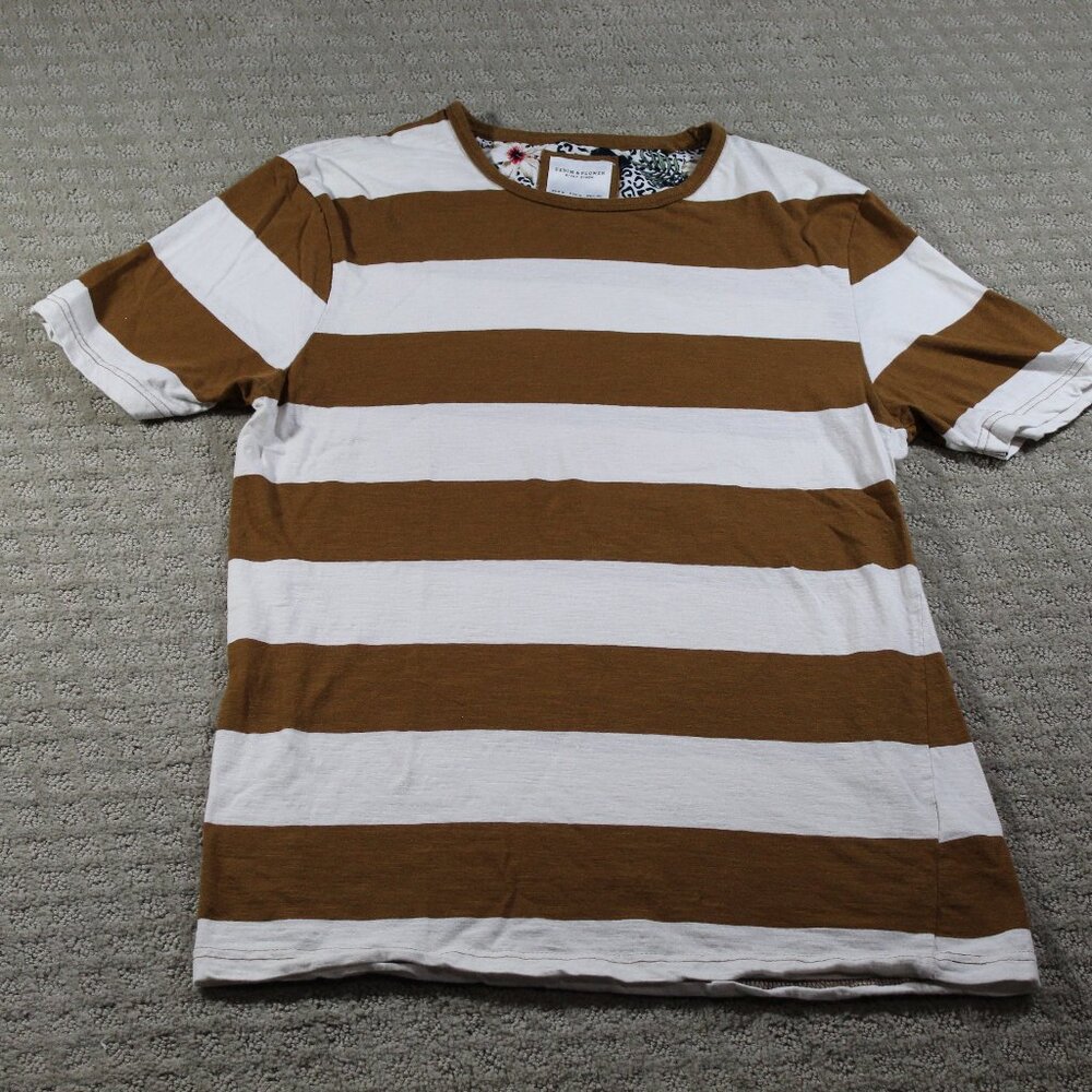 Denim & Flower Women's Sz M Brown and Cream Striped T-Shirt EUC